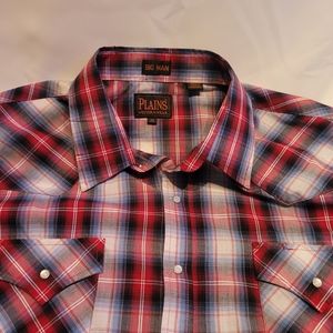 Plains Western Wear Shirt Mens Pearl Snap Size 2XL Red & Blue Plaid Cotton Blend